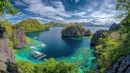 Panoramic view of a tropical lagoon with turquoise waters, surrounded by lush green cliffs and a blue sky with fluffy white clouds.  Two traditional Filipino boats are anchored in the water.