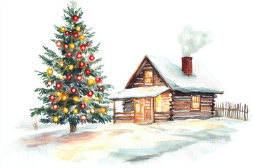 A cozy winter scene featuring a log cabin and a decorated Christmas tree amidst a snowy landscape.