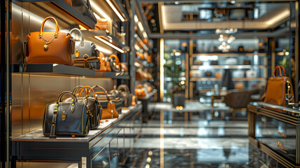 Step into a luxurious designer boutique where elegance meets style. This fashionable store showcases a collection of expensive leather handbags and accessories, perfect for the modern, stylish woman