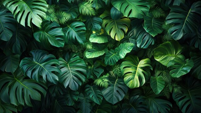 Lush green tropical leaves creating a vibrant natural backdrop in a dense jungle setting showcasing rich biodiversity and textures