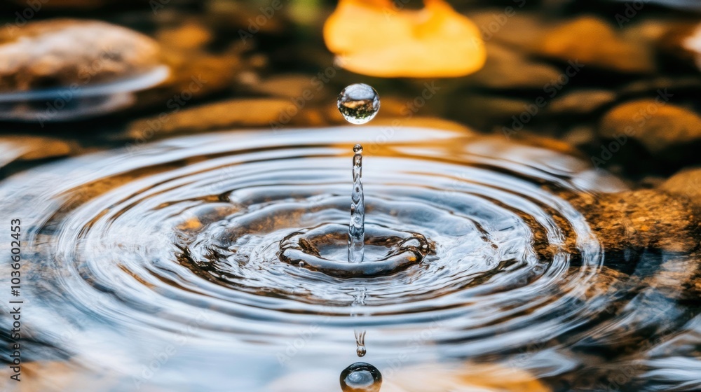 Poster close-up of water droplet creating ripples on a serene water surface, with pebbles and a hint of fir