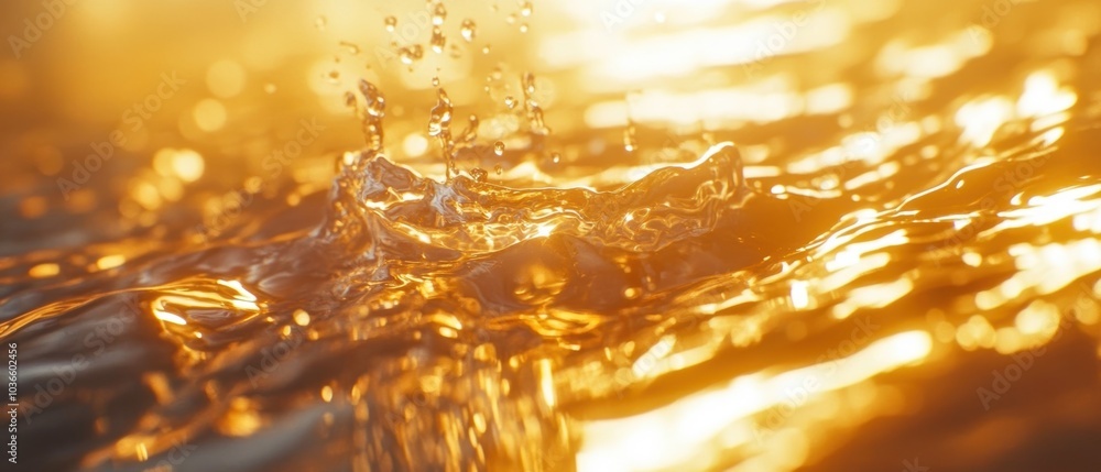 Aufkleber close-up of water droplets splashing in golden light, creating a vibrant and dynamic texture.