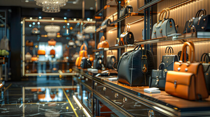 Fototapeta premium Step into a luxurious designer boutique where elegance meets style. This fashionable store showcases a collection of expensive leather handbags and accessories, perfect for the modern, stylish woman