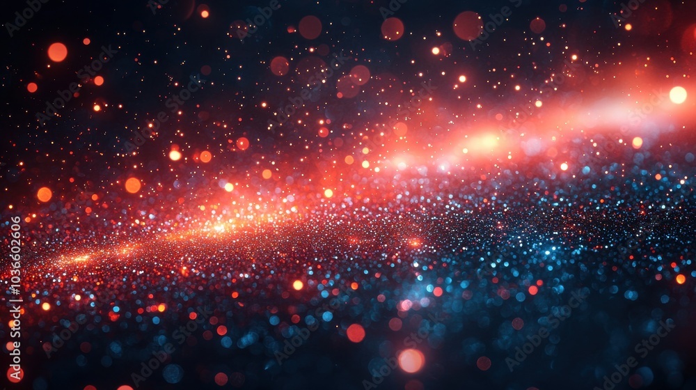 Poster a vibrant display of sparkling blue and red particles creating a mesmerizing cosmic atmosphere in de