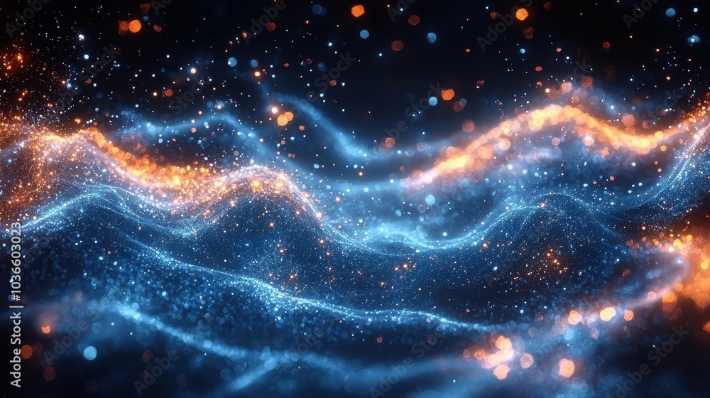 Poster colorful abstract digital waves with shimmering particles flowing in a mesmerizing pattern at night