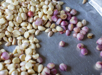 Onions and garlic are placed in a metal tray.