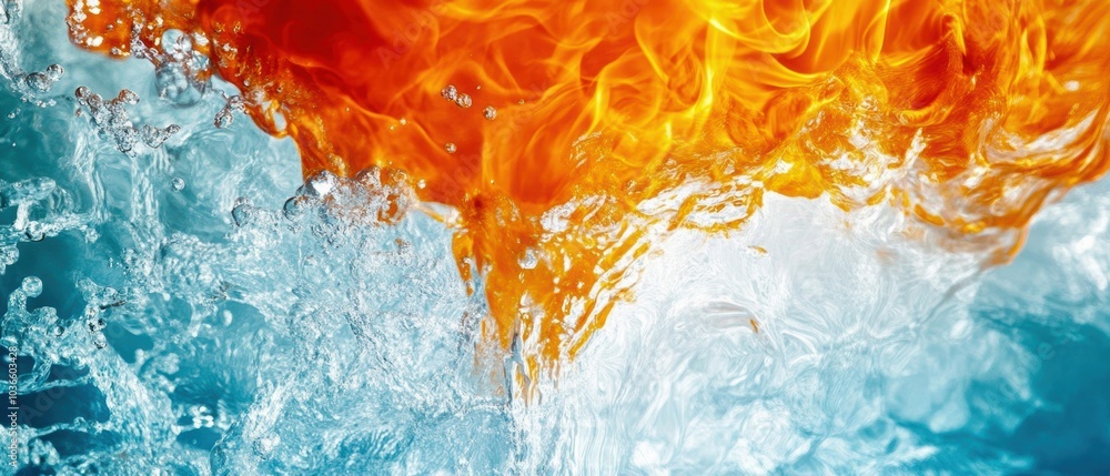 Poster dynamic visual of fire and water merging, showcasing the contrast of elements in a powerful and capt