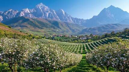 Naklejka premium Picturesque valley with blooming apple orchard, surrounded by mountains.