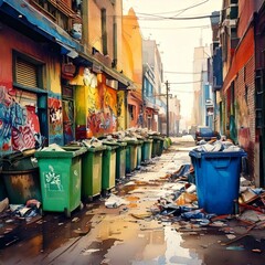 Fototapeta premium Colorful graffiti-covered alley filled with overflowing trash bins, litter, and debris, highlighting urban decay and environmental pollution.