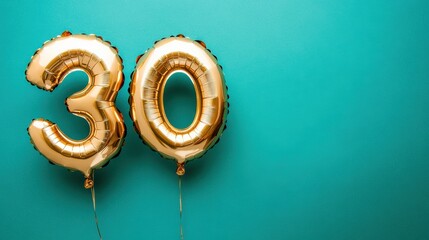 Golden balloons shaped as the number 30 on a vibrant turquoise background, perfect for birthday celebrations and milestones.