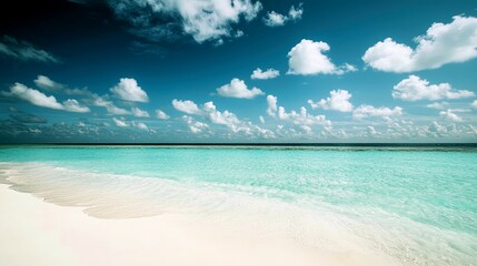 Obraz premium Pristine white sand beach meets turquoise ocean water under a clear blue sky with puffy white clouds.