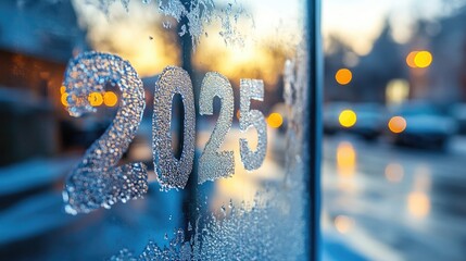 Frost forming the number 2025 on window with sunrise in the background