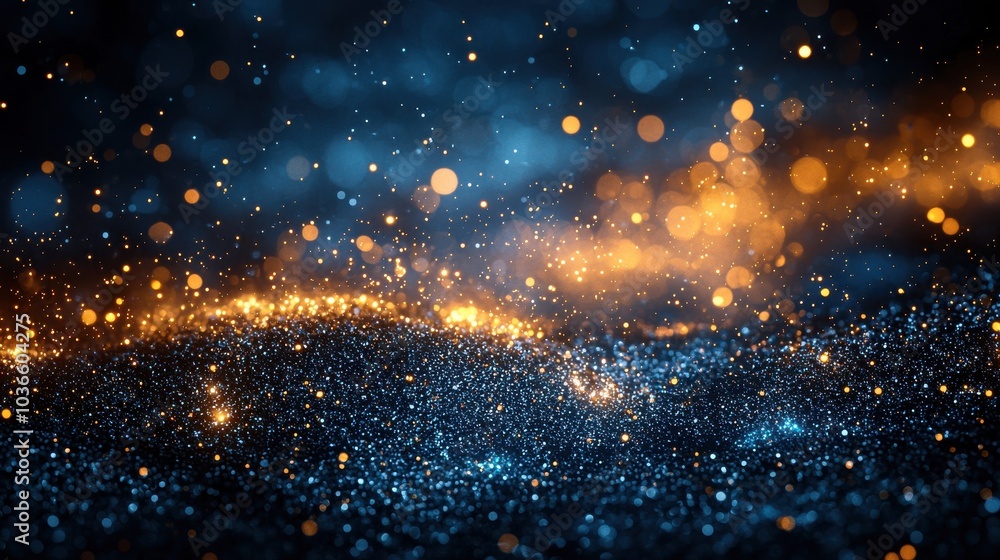Aufkleber a mesmerizing swirl of shimmering blue and gold particles illuminated in a dark setting, creating a 