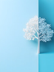 Obraz premium Minimalist White Paper Tree on Monochromatic Blue Background, Abstract Nature Concept in Modern Design