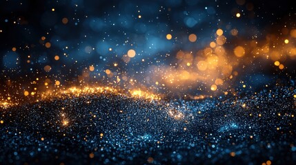 Naklejka premium A mesmerizing swirl of shimmering blue and gold particles illuminated in a dark setting, creating a magical effect
