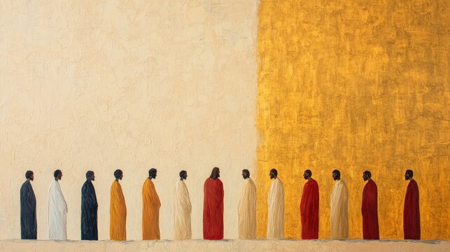 A minimalist scene depicting the biblical encounter between Jesus and the ten lepers showcasing the divine healing and the profound message of faith gratitude and redemption