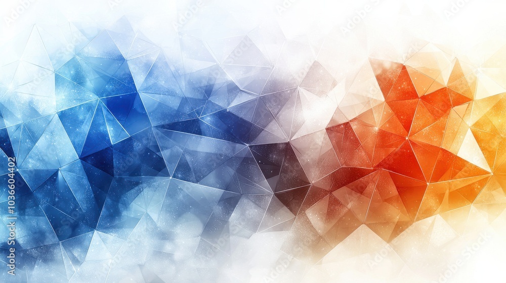 Poster dynamic blend of blue and orange triangular shapes creating an abstract background with a soft gradi