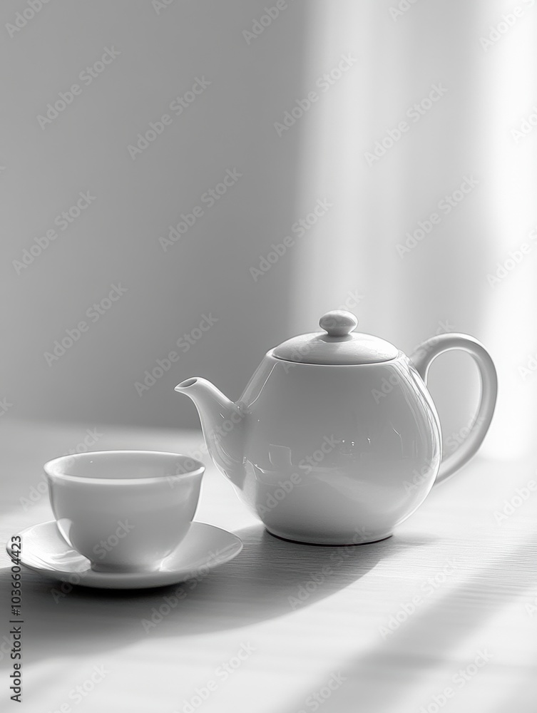 Aufkleber A white tea kettle sits beside a matching cup on a table, bathed in soft natural light, creating a serene and inviting atmosphere. Generative AI