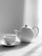 A white tea kettle sits beside a matching cup on a table, bathed in soft natural light, creating a serene and inviting atmosphere. Generative AI