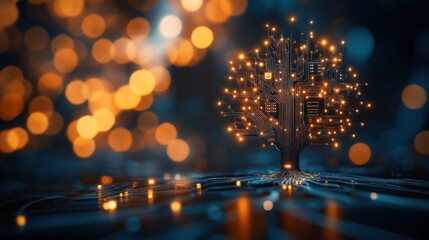 Abstract digital tree illuminated with circuit paths