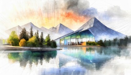 Fototapeta premium Architecture of modern building illustration sketch.. Generative Image