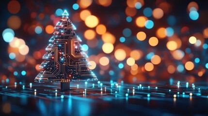 Circuit board tree glowing with festive lights delight