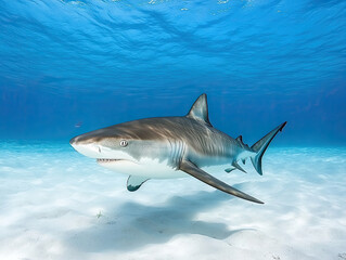 Naklejka premium Graceful Tiger Shark Swimming Eloquently Captured in the Deep Blue