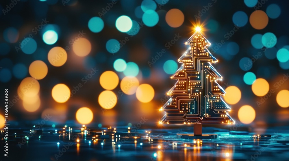 Poster tech-inspired holiday tree with glowing circuitry design