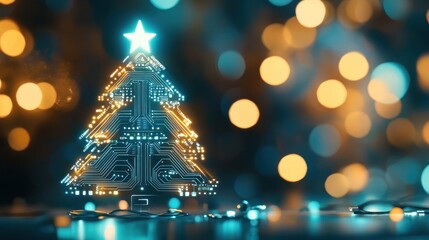 Digital Christmas tree topped with star amidst bokeh