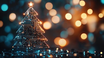 Futuristic circuit Christmas tree with bright lights