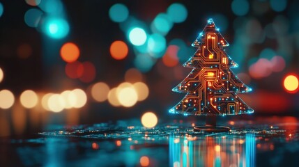 Digital circuit tree glowing among festive lights