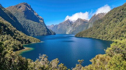 Naklejka premium Scenic view of a calm lake surrounded by mountains with a blue sky and white clouds.