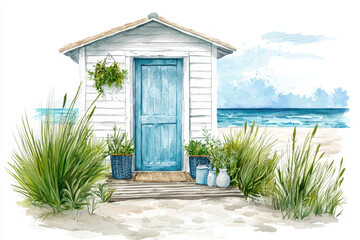 A serene beach house amidst coastal grasses and potted plants, featuring a charming blue door and close proximity to the ocean.