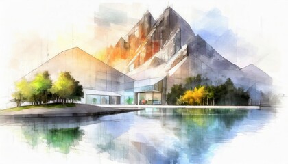 Fototapeta premium Architecture of modern building illustration sketch.. Generative Image