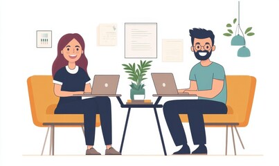 Two happy businesspeople working together in a co-working space, Generative AI