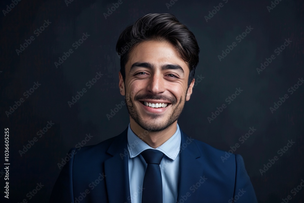 Poster A portrait of a businessman with a friendly and approachable smile, fostering connection with the viewer.