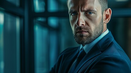 Obraz premium A portrait of a focused businessman with a determined gaze directed at the camera.