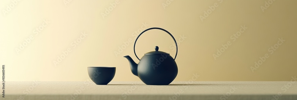 Fototapete a kettle sits beside a cup on a clean table, illuminated softly, creating a calm and inviting atmosp