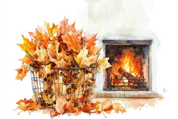 Obraz premium A cozy autumn scene featuring a basket of colorful leaves beside a crackling fireplace, evoking warmth and seasonal beauty.