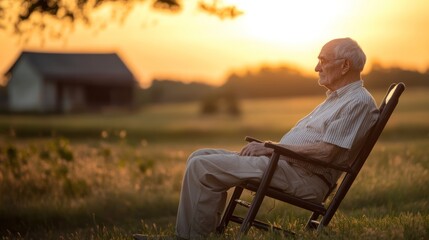 Fototapeta premium Elderly Man Sitting in a Rocking Chair at Sunset, Reflecting in a Peaceful Rural Landscape