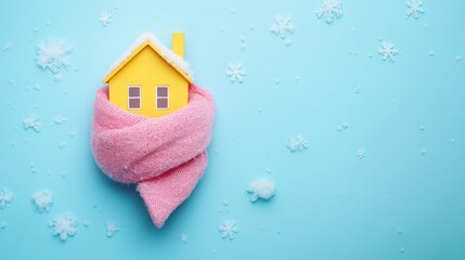 Yellow house warmly wrapped in pink scarf on blue background