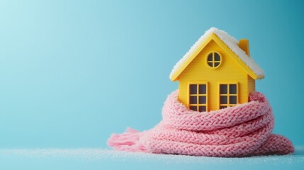 Yellow miniature home wrapped cozily amid winter snow