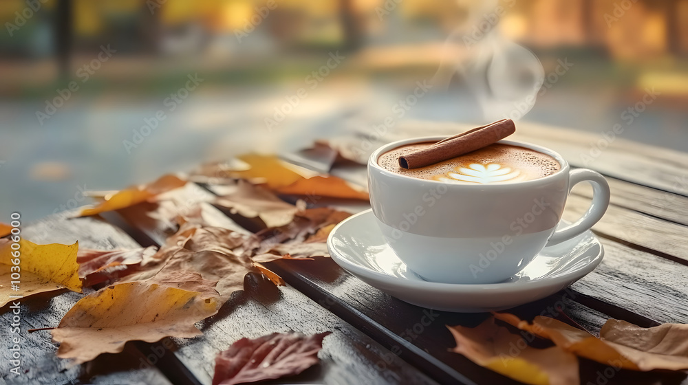 Canvas Prints A white coffee cup with a cinnamon stick on top sits on a wooden table next to a pile of autumn leaves. Concept of warmth and comfort, as the coffee and cinnamon stick evoke feelings of coziness