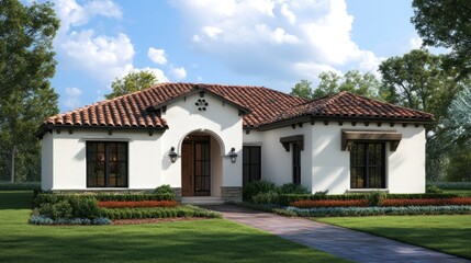 A white stucco house with a red tile roof and a front walkway leading to the entrance.