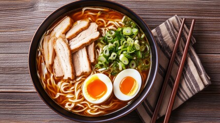 A hearty bowl of ramen with pork slices, soft-boiled egg, and green onions