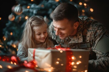 Happy military dad spending Christmas with his children, Generative AI