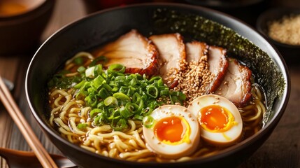A hearty bowl of ramen with tender pork belly, soft-boiled egg, bamboo shoots