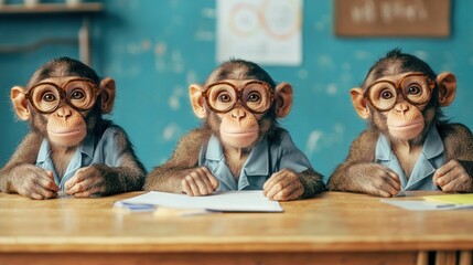 Three monkeys in glasses at classroom desk working