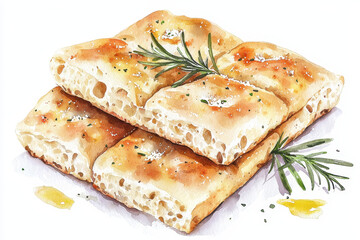 A golden, crispy focaccia bread topped with fresh rosemary and seasoning, presented in a delightful and appetizing manner.