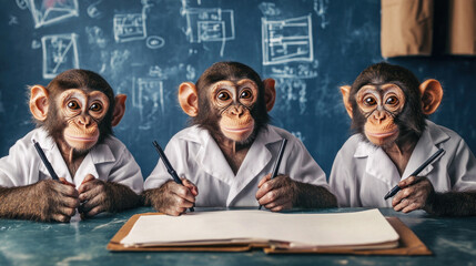 Monkeys in lab coats with pens and sketchbook.